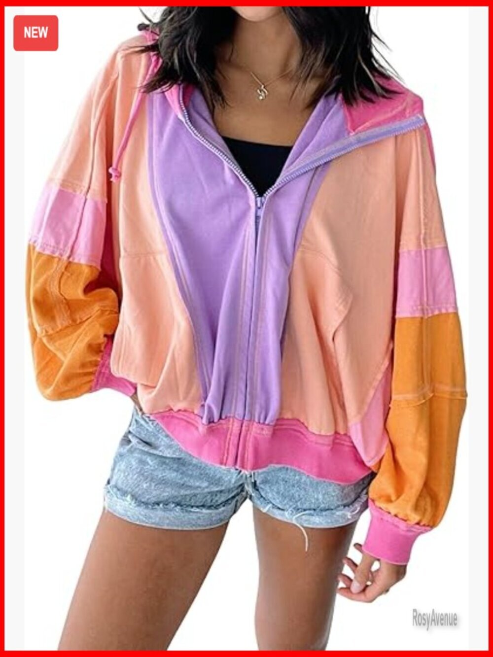 Women's Zip Up Color Block Lightweight Jacket Oversized Hoodie Fall Outwear
